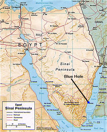 Map of the Sinai Peninsula in Egypt showing the location of the Blue Hole in Dahab.