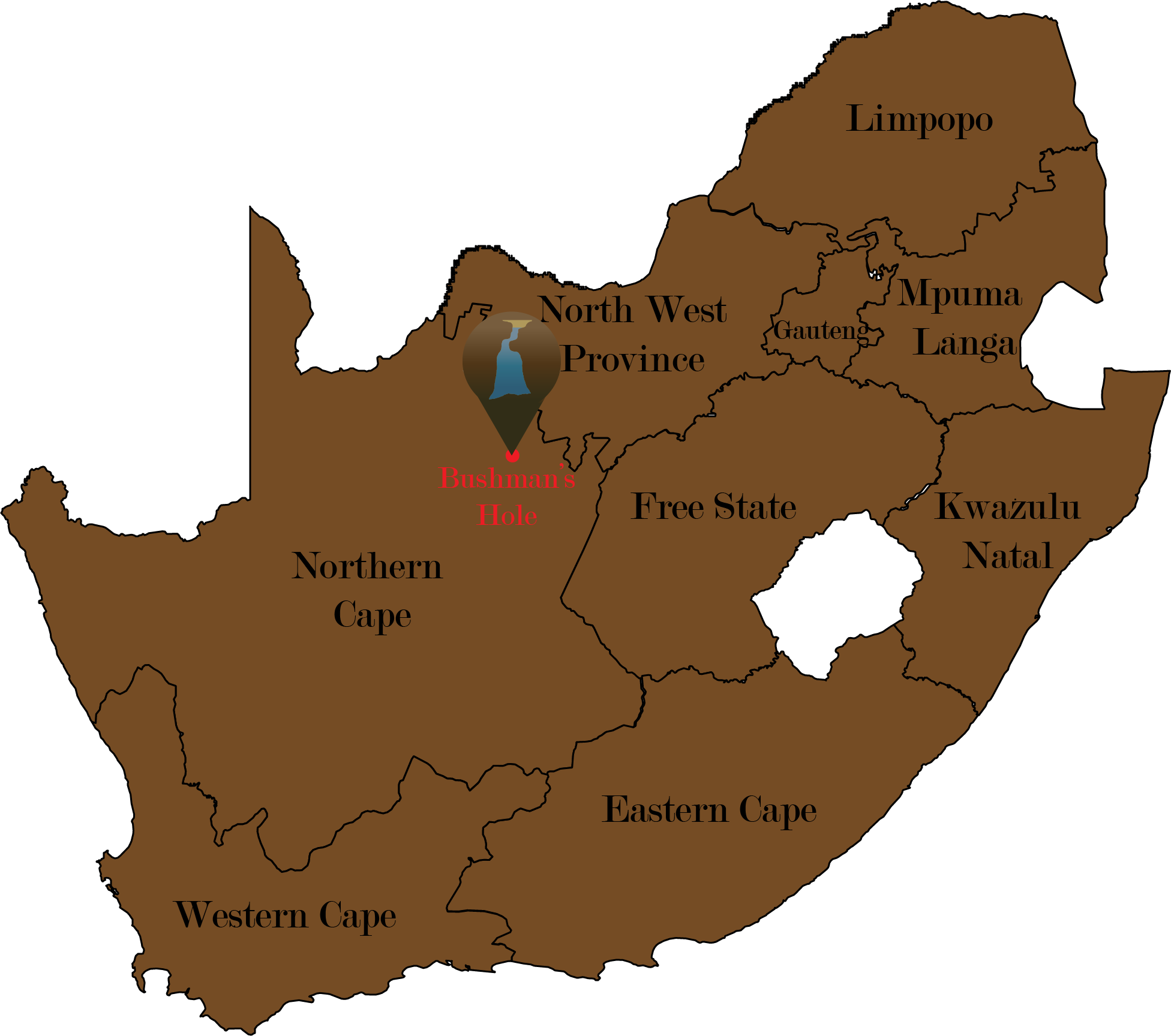 A map of South Africa and its provinces showing the location of Bushman's Hole or Boesmansgat