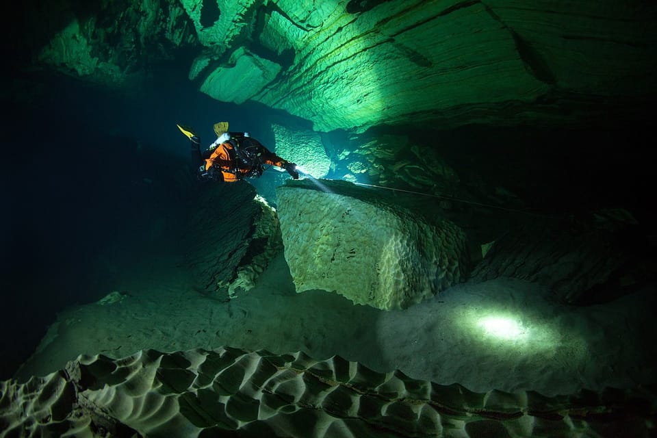 Diver in the Pluragrotta or plura cave in Norway